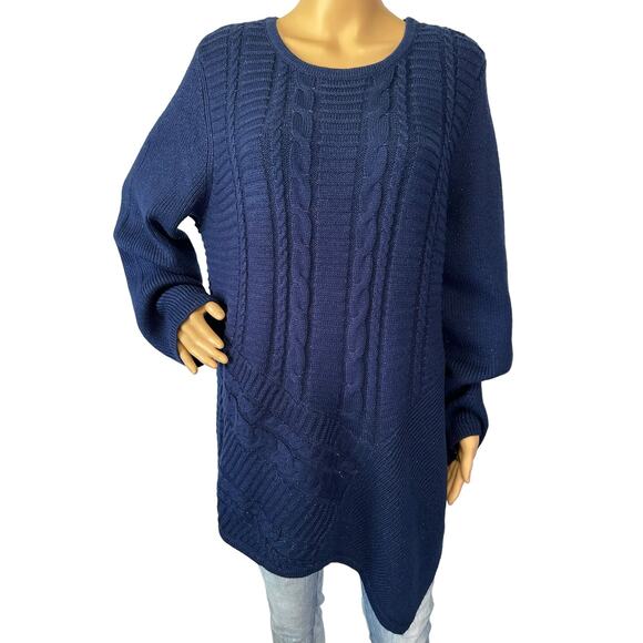 2/$15 Dana Buchman Asymmetrical Cable Knit Sweater Midnight Blue Shimmer Sz 2XL - Picture 2 of 8